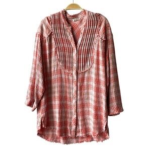Free People Intimately Plaid Tunic Shirt Women XS Pink Chew Hem Boho Oversized